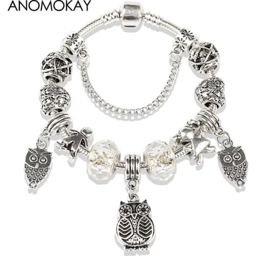 Dropshipping Antique Silver Color Owl Charm Bracelets & Bangles Fashion Heart Ball Bead Bracelet Casual Diy Crytal Jewelry