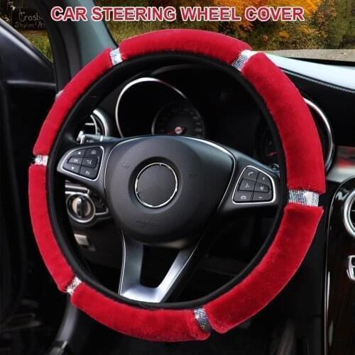15" Car Steering Wheel Cover Plush Bling Rhinestones Winter Steering Wheel Cover Decoration Interior Accessories for Women