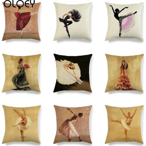 Retro Ballet Dancer Pattern Decorative Cushion Cover Cotton Linen Pillow Cover for Sofa Seat Couch Vintage Home Decor 45x45cm