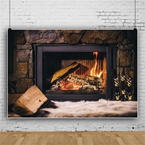 Winter Backdrop For Photography Old Stone Fireplace Fire Wood Home Wall Decor Pattern Photographic Background For Photo Studio