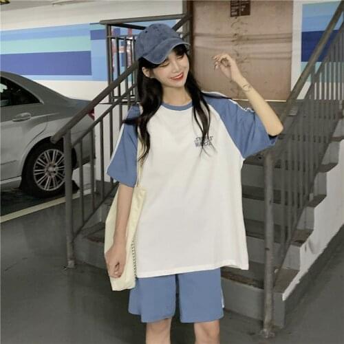 [Cotton] O-Neck Letter Tops Shorts Women Embroidery Elasticity Lovely Girls Korean Style For Sweet Students