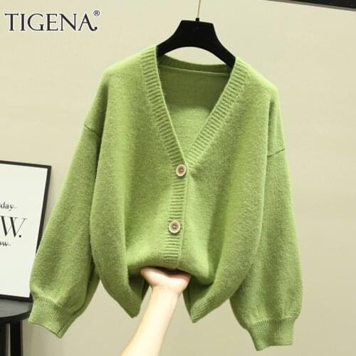 TIGENA Oversized Cardigan Women 2021 Spring Casual Solid V Neck Long Sleeve Cardigan Sweater Female Knit Jacket Coat Green Pink