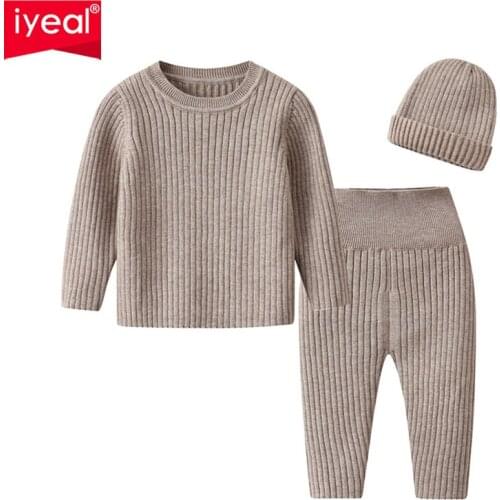 IYEAL Infant Baby Boy Clothes Set Cotton Knitted Long Sleeved Sweater +Pant + Hat Toddler Girl Warm Outfits Newborn Clothing