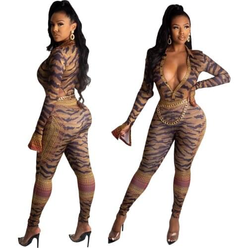 Sexy Fashion Leopard Printing Two-piece Suit Flare Sleeve Turn-down Collar Tops Mid Waist Skinny Waist Chain Full Pants 2PC Set