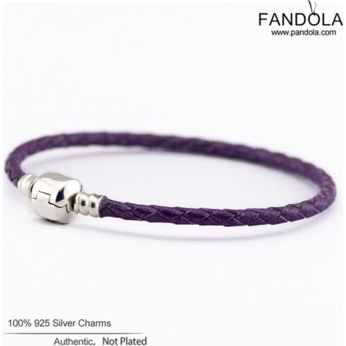 Charm Leather Bracelets femme Authentic 925 Sterling Silver Clasp Purple Bead Bracelets For Women DIY Jewelry Making