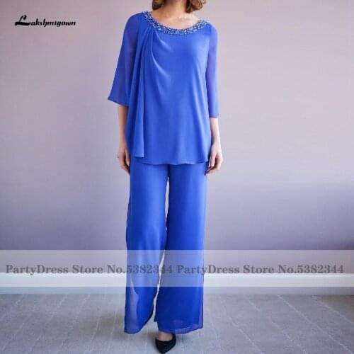 Lakshmigown Royal Blue Wedding Guest EveningDress 2 Peces Elegant Chiffon Long Mother of The Bride Groom Dresses Half Sleeves