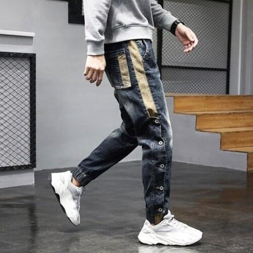 QNPQYX New Autumn Streetwear Mens Jeans Elastic Waist Skinny Jeans Men Stretch Stitched Pants Hip Hop Denim Jeans Blue
