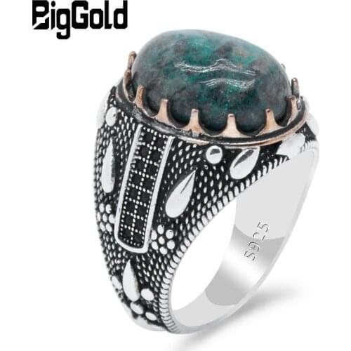 Turkish Jewelry 925 Sterling Silver Mens Ring Natural Phoenix Stone & Black CZ Ring Water Drop Design for Male Fine Jewelry