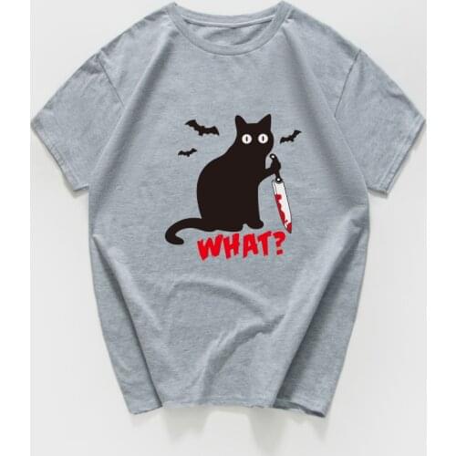 CAT WHAT Sarcastic Graphic novelty funny t-shirt men Murderous Cat Halloween Gift anime T Shirt loose streetwear cotton tops men