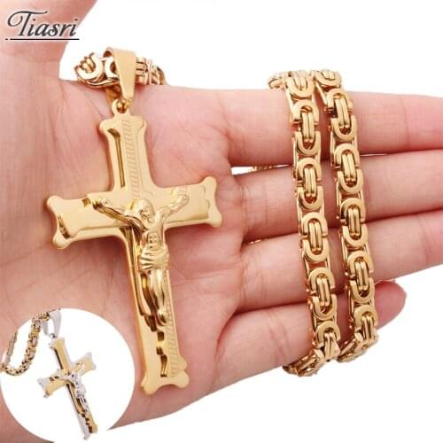 Tiasri Jesus Cross Pendant Necklace Jewelry 5mm Byzantine Chain Men Women High Quality Stainless Steel Steampunk Style Wholesale