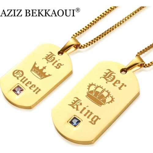 AZIZ BEKKAOUI Luxury Gold Color Couple Necklaces Her King & His Queen Stainless Steel Pendant Necklace for Lover Dropshipping