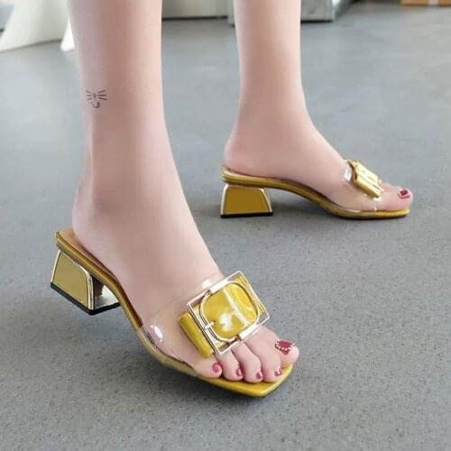 Marlisasa Women Classic Comfort Yellow Square Heel Pu Leather Sandals Lady Casual Black Peep Toe High Heel Summer Sandals H5979