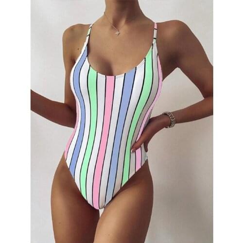 Sexy One Piece Swimsuit Women Swimwear 2021 Rainbow Striped Bathing Suit Woman Bikini Push Up Backless Swimwear Monokini