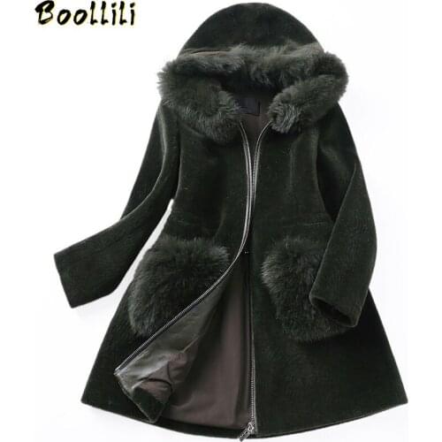 Boollili Womens Fur Coat 2020 Natural Fur Coats Winter Real Wool Jackets With Fox Fur Collar Hooded Warm Female Jacket