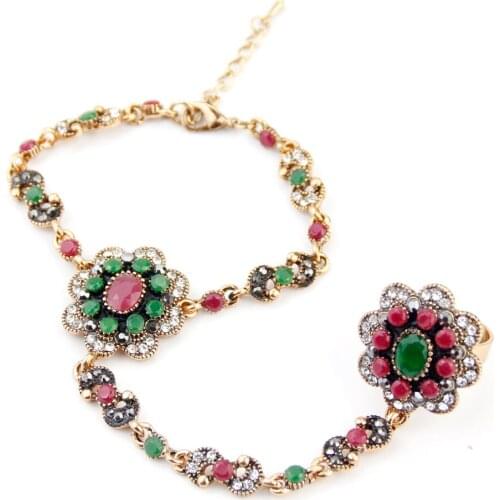 Sunspicems 2021 Retro Vintage Flower Charm Bracelet Link Ring for Women Crystal Hand-Back Chain Turkish Ethnic Wedding Jewelry