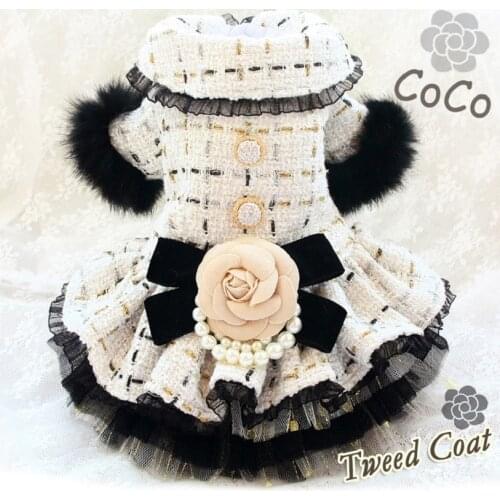 Free Shipping Handmade Dog Clothes Fashion Camellia Bow Tweed Pet Dress Coat Cats Poodle Yorkie Maltese Florida