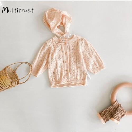 Girls spring summer sweet Solid Knitted Sweater cardigan sunscreen air-conditioning shirt Long Sleeve knitted hollow jacket +hat