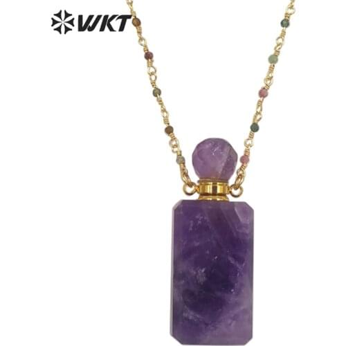 WT-N1276 Wholesale natural long square stone perfume bottle necklace colorful tourmaline beads rosary chain perfume bottle