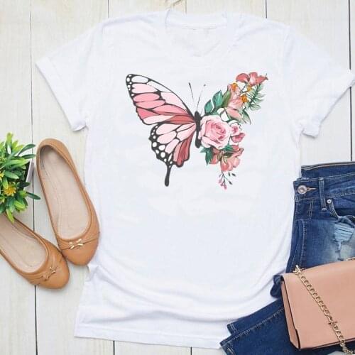 Women Graphic Butterfly Elegant Clothing Flower Floral Summer Short Sleeve Fashion Print Female Clothes Tops Tees Tshirt T-Shirt