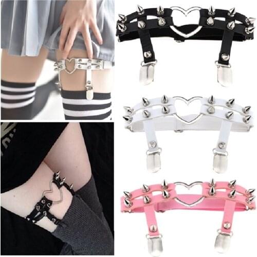 Women Sexy Handmade Leather Punk Garter Metal clip Bullet big Sweet Heart Goth Harajuku Elastic leg ring belt Stocking Suspender