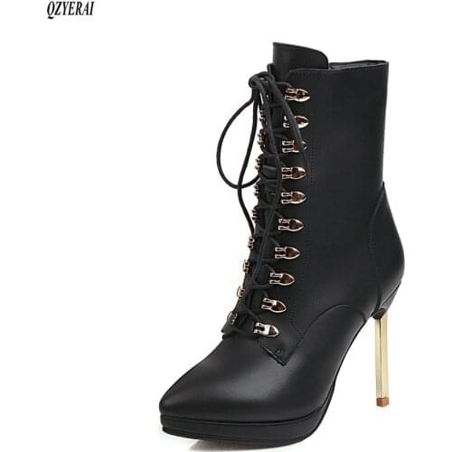 Autumn winter Genuine leather women Chelsea boots Lace-up fashion boots Metal stiletto 11cm heels Cow leather boots Women shoes