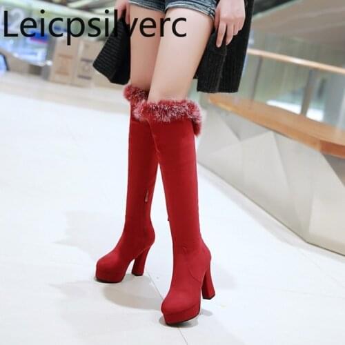 Womens Boots New Autumn And Winter fashion Round head zipper plush High heel High tube Womens shoes plus size 33-43 10cm high