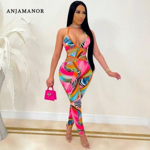 ANJAMANOR Fashion Printed Jumpsuit for Women Sexy Cutout Backless Halter Bodycon One Piece Outfit Clubwear Fall 2021 D91-CD24