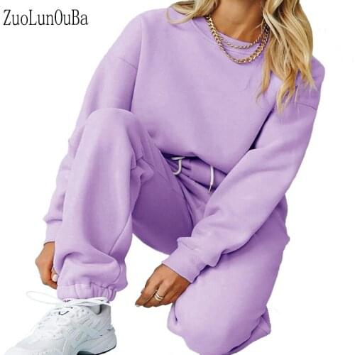 Autumn Winter Women Sweatshirt Two Piece Purple Fleece Hoodie Long Sleeve O Neck Solid Color Pullover Trousers Two Piece Tops