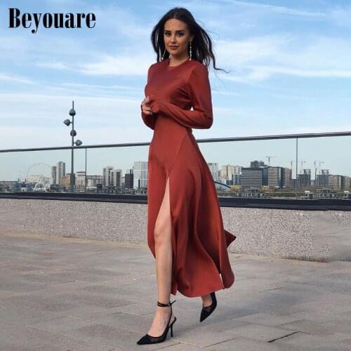 Beyouare Satin Womens Dress Sexy Elegant Stand Neck Long Sleeve Loose Legs Split Ankle-Length Evening Gala Dresses 2021 Autumn