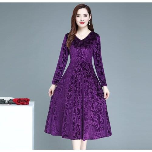 Sexy V-neck Gold Velvet Dress Women Autumn New Elegant Slim Printed Maxi Vestidos Mom Plus Size Long Sleeve Evening Party Dress