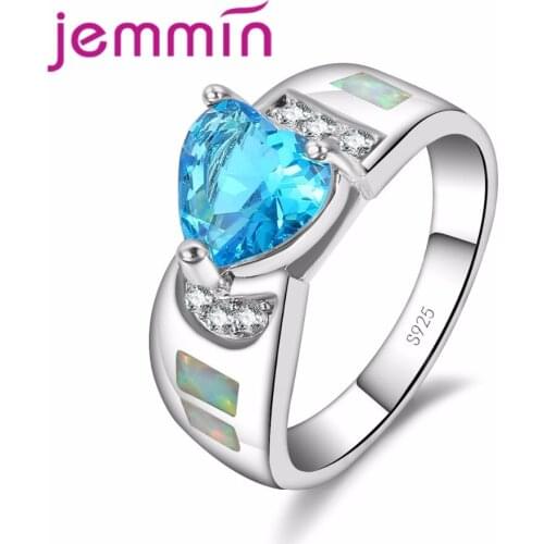 Blue Heart Fine Ring S925 Sterling Sliver Bijoux Width Band With Square White Opal Fire Ring For Women Multiple Choice