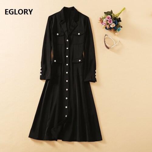 High Quality New Celebrity Inspired Womens Dress Notched Collar Buttons Front Long Sleeve Mid-Calf Black Long Blazer Dress OL