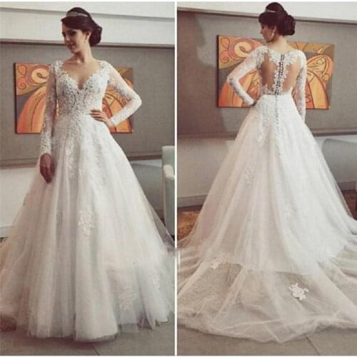 New Arrival Long Sleeved Wedding Dresses 2021 vestido de novia Applique Lace Wedding Gowns A Line Illusion V Neck Bride Dress