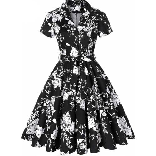 Cotton Elegant Black Dress Designer Women Clothing Floral Print summer Ladies 50s 60s Vintage Rockabilly Dress SD0002