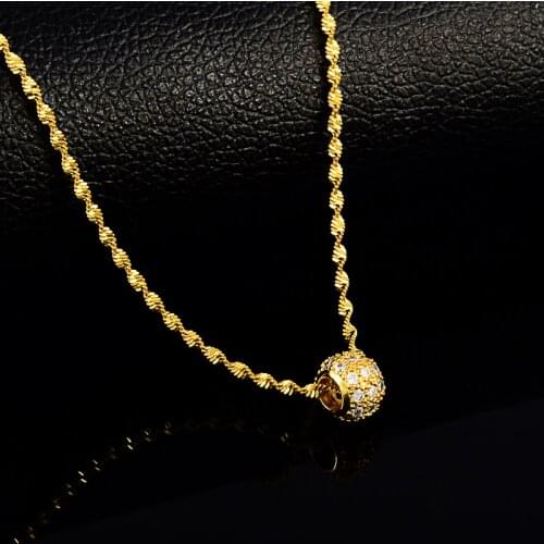 Gold color Round Circles charm pendant necklaces for women girls 24K yellow necklaces with Clear CZ Water wave Chain