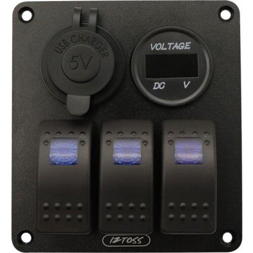 3 Gang Switch Panel with 12V-24V Voltmeter 4.8A USB Charger Waterproof