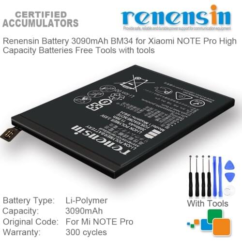 Renensin Battery 3090mAh BM34 for Xiaomi NOTE Pro High Capacity Batteries Free Tools with tools