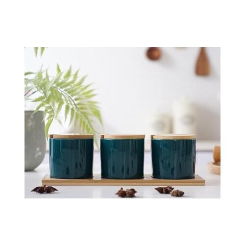 Seasoning Jar 3piece/set Bamboo Wood Tray Chinese Ceramics Salt Pepper Seasoning Cooking Kitchen Tool