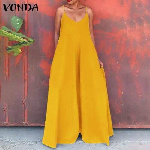 Long Jumpsuits VONDA 2021 Women Summer Sleeveless Wide Leg Pants Long Rompers Palazzo Pants Dungaree Loose Pantalones