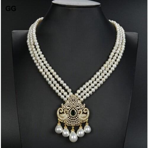GG Jewelry 19'' 3 Strands Cultured White Pearl Green Crystal Necklace White Sea Shell Pearl Cz Pendant