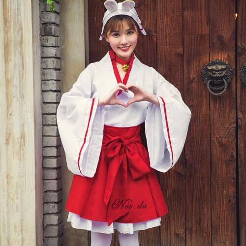 Japanese Anime Inu x Boku SS Riricho Shirakiin Kimono Woman Cosplay Costume Ears Headband + Top + Skirt Halloween Lolita Dress