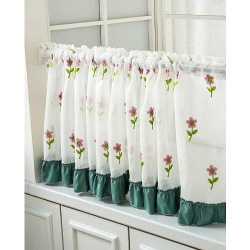RZCortinas Short Curtain with Embroidery Flowers Kitchen Curtians White Tulle for Bathroom Sweet Yarn Coffee Curtain with Lace