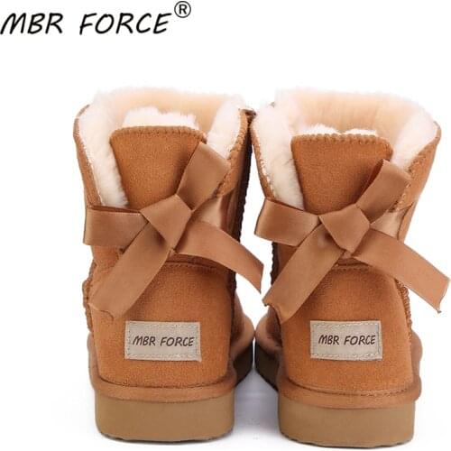 MBR FORCE 2020 Classic Women Warm Snow Boots Winter Boot with Bowknots Genuine Cowhide Leather Women Boots Ankle Boots Fur Shoes