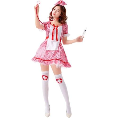 Cute Maid Nurse Role-playing Game Uniform Vertical Striped Nurse Uniform Halloween Costumes for Women