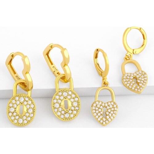 FLOLA Cute Small Heart Padlock Earrings For Women Huggie Circle Round Lock Drop Earrings Crystal CZ Zirconia Gold Jewelry ersv53