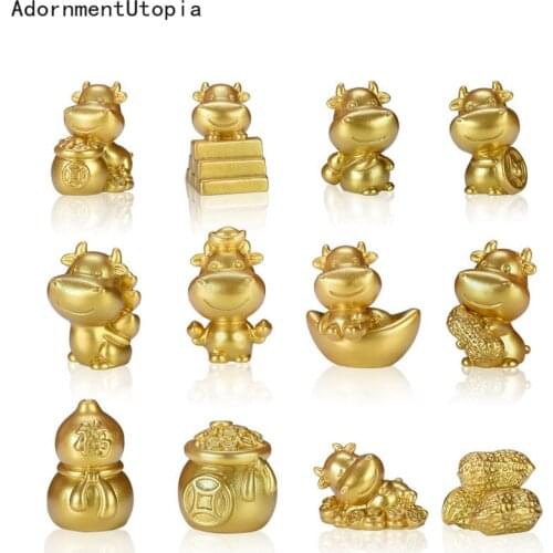 4PCS Cute Golden Small Bull Cow Statue Small Figurine Figure Ornament Miniatures DIY Garden Micro Landscape Home Decor