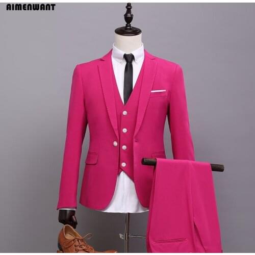 AIMENWANT 2018 Spring Korea Fitted Boyfriend Blazer Mens Single Breasted Rose Wedding Suit Set (Jacket+Vest+Pants) 3-piece Suit