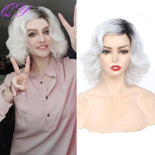 QY Wigs For Women Short Black Ombre Silver Gray Natural Curly Wig Girl Synthetic Hair High Temperature Fiber