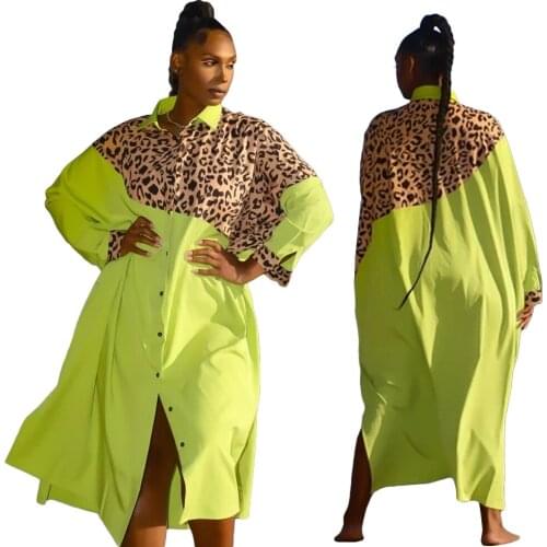 Long Sleeve Shirt Dress African Casual Womens Green Irregular Leopard Print Loose Button Blouse Autumn Slim Ladies Long Skirt