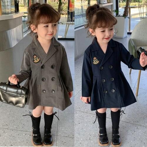 Girls Dresses Label Embroidered College Style Cotton Long Sleeve Solid Color Dress Jackets 2021 Autumn New Children Outerwear